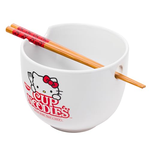 Silver Buffalo Sanrio Hello Kitty Cup Noodles Nissin Ceramic Ramen Noodle Rice Bowl with Chopsticks, Microwave Safe, 20 Ounces