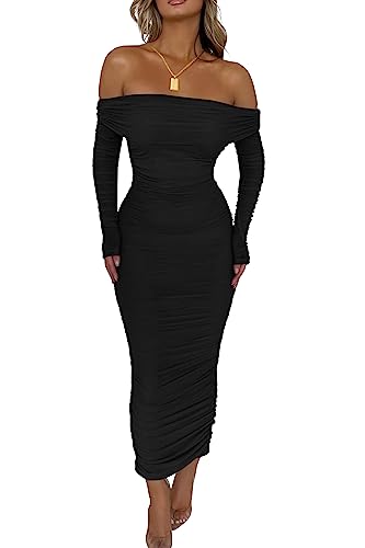 PRETTYGARDEN Women's Fall Off Shoulder Maxi Bodycon Dress Long Sleeve Ruched Fitted Club Dresses with Slit (Black,Medium)