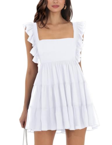 Oumrdeo Women’s Summer Babydoll Dress Square Neck Tie Back Ruffle Sleeve Tiered Casual A-Line Mini Dress White M