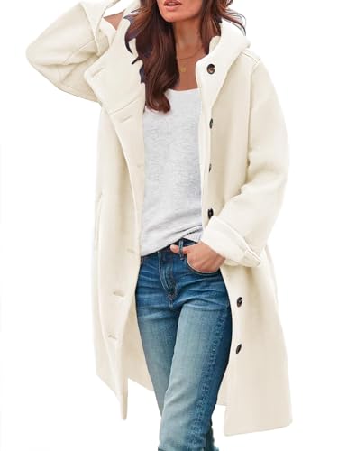 SAUKOLE Women's Elegant Wool Blend Pea Trench Coat Mid-Long Winter Hooded Dress Outwear Jacket Beige