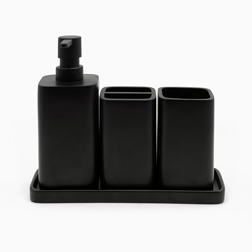 ZCCZ Matte Black Bathroom Accessory Sets, 4 Pieces Bathroom Accessories Complete Set Vanity Countertop Accessory Set, Includes Lotion Dispenser Soap Pump, Tumbler, Toothbrush Holder and Tray