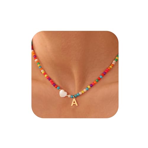 Ursteel Initial Necklaces for Women - Beaded Heart Initial A Necklace for Women Trendy Letter Choker Boho Summer Necklaces Womens Jewelry Personalized Graduation Gifts