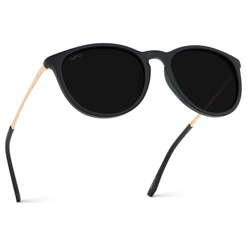 WearMe Pro Women's Round Sunglasses with Polarized UV Protection, Trendy Retro Designer Style (Gold Frame/Black Lens)