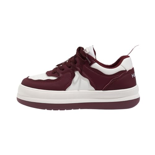 Kawaii Korean Chunky White Sneakers, Cute Cloud Sole Shoes with Hidden Heel Lift for Girls Travel Outfit, Gift for Daughter (Beige & Wine Red,7)
