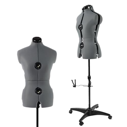 PDM WORLDWIDE Adjustable Dress Form Mannequin for Sewing Female Size 6-14, Gray Pinnable Model Body with 13 Dials & Detachable Casters, 42.5"-60" Height Range for Clothing Display, Small to Medium