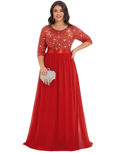 Ever-Pretty Women's Round Neck Maxi Dresses Sequin Plus Size Formal Dresses for Women Red US18