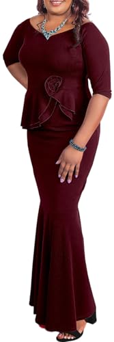 Burgundy Bodycon Long Sleeve Maxi Dresses for Women Formal Off Shoulder Sexy Split Party Mermaid Dress with Zippe