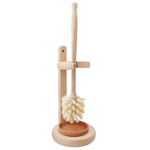 ELDR Supply Toilet Bowl Cleaner Brush with Holder, 14 Inch Extra Long German Beechwood Handle, Strong Hemp Bristles, Ceramic Drip Tray, Biodegradable
