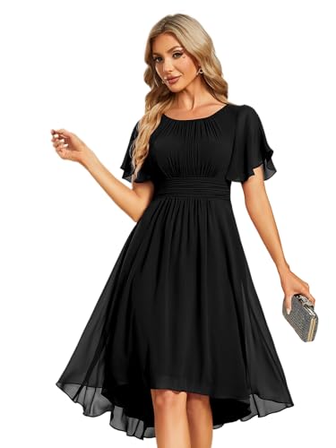 Ever-Pretty Women's Chiffon Crew Neck Pleated Waist Short Sleeve Wedding Guest Dress Black US16