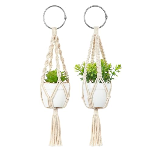 Mkono Mini Macrame Plant Car Accessories Rear View Mirrior Charm Cute Hanging Rearview Car Decor Boho Hanger with Artificial Succulent Plants Gifts for Plant Lover Set of 2, White
