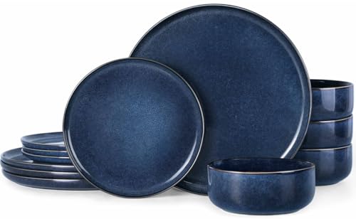 Herogo 12 Pieces Dinnerware Set Stoneware Service for 4, Dinner Plates and Bowls Sets, Double Reactive Glaze Dishes Set for Kitchen, Scratch Resistant, Microwave & Dishwasher Safe, Starry Blue