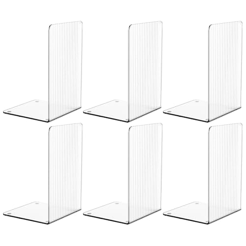 SUOXING 6 PCS Clear Acrylic Book Ends for Shelves Decorative,Invisible Book Stopper with Non-Slip Mats for Heavy Books,Small Acrylic Bookends for Home Office School Supplies and Kids Bookshelf