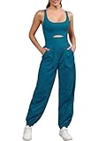 ReachMe Womens Running Onesie Athletic Romper Pants Hiking Outfits One Piece Workout Jumpsuits with Pockets(Teal Blue,M)