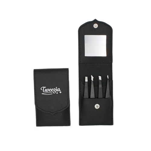 TWEEZIA Stainless Steel Tweezer Set - 4 Precision Tweezers with Mirror & Leather Case - Ideal Eyebrow Kit, Ingrown Hair Tweezers, Splinter Removal Kit or Pointed Tweezers for Beauty and Personal Care