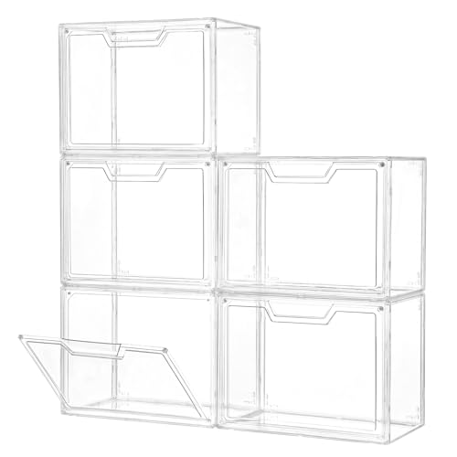 Freebat Stackable Storage Bins, Clear Acrylic Display Case, 5-Pack Acrylic Boxes with Lids, Clear Storage Containers Storage for Handbags, Collectibles & Figures