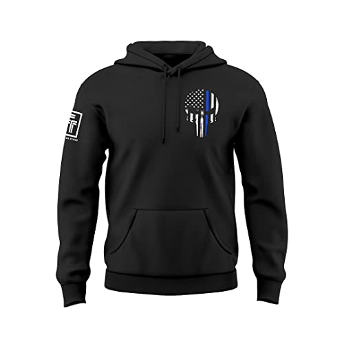 Patriotic Thin Blue Line USA Skull Flag Police Hoodie Sweatshirt (Black, L)