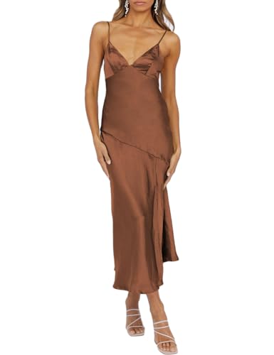 HKMECRI Summer Satin V Neck Silp Midi Dress for Women Wedding Guest 2023 Sexy Spaghetti Strap Backless Long Dresses with Slit Brown