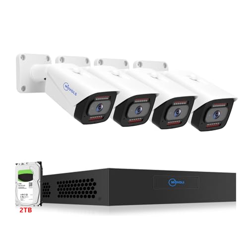 MOVOLS 4K PoE Security Camera System with AI Person & Vehicle Detection - 4pcs 8MP Wired IP Cameras + 8CH 4K NVR Pre-Installed 2TB HDD for 24/7 Recording