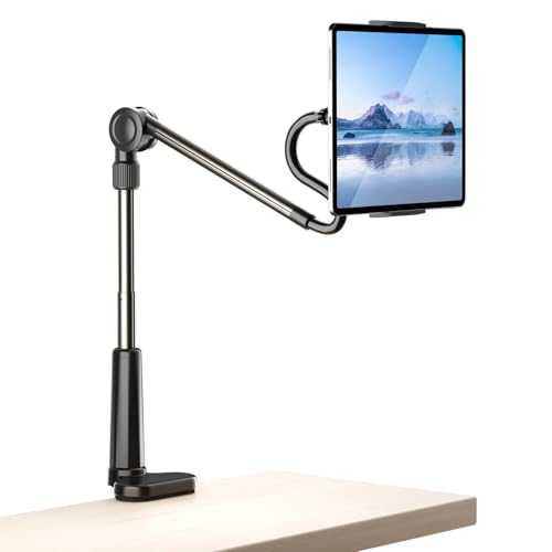 Desk Tablet Holder for iPad Pro, No Stiff Easy Adjust Arm Phone and Tablet Stand for Bed, Ereader Accessories Compatible with Kindle iPhone, iPad Pro/Mini/Air, Smartphones