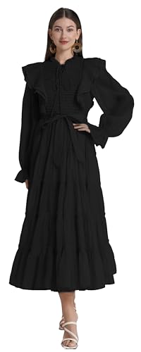 LAI MENG FIVE CATS Women's Summer Chiffon Pleate Puffed Sleeve Layered Hem Maxi Dress Black