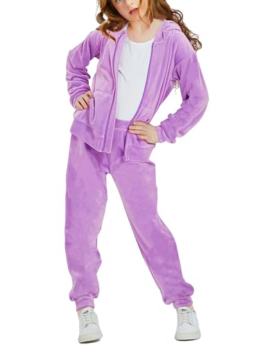 Woolicity Girls Sweatsuits Set Velour Tracksuit 2 Piece Outfits Zip Up Hoodies and Pants Sportswear Jogging Set Light Purple 140