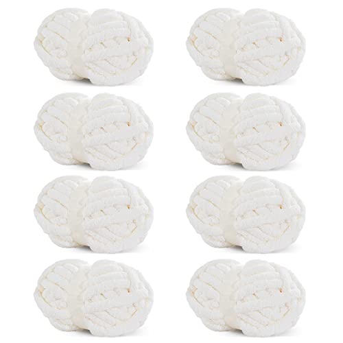 HOMBYS White Chunky Chenille Yarn for Crocheting, Bulky Thick Fluffy Yarn for Knitting,Super Bulky Chunky Yarn for Hand Knitting Blanket, Soft Plush Yarn, 8 Jumbo Pack (27 yds,8 oz Each Skein)