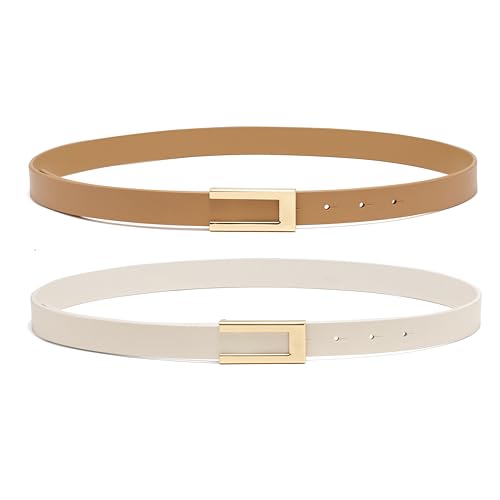YooAi Womens Leather Belt Skinny Waist Belt for Dresses Jeans Pants with Gold Buckle Camel+White 98