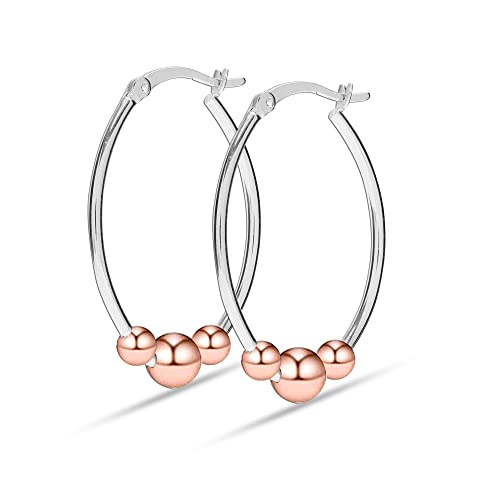 LeCalla 14K Rose-Gold Plated 925 Sterling Silver Light-Weight Oval Two-Tone Earring Hoops Jewelry Bead Ball Hoop Earrings for Women