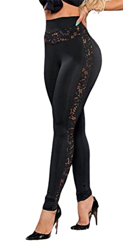 Sexy Lace Patchwork Legging for Women Casual Sheer See Through High Waist Long Pants Lightweight Black S