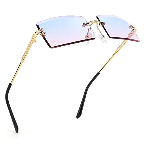 FEISEDY Rimless Rectangle Sunglasses - Vintage Candy Color - Beach Driving Fashion Accessory B2642 Blue Pink