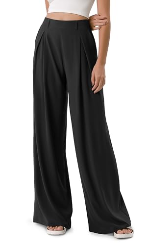 ODODOS Chiffon Flowy Pleated Wide Leg Pants for Women Lightweight High Waist Trouser with Pockets-31 Inseam, Black, Large