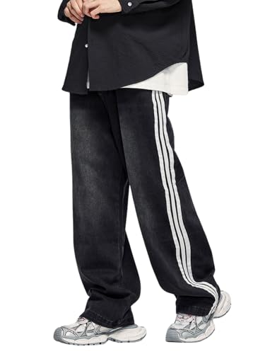 Lixom Men's Baggy Jeans Y2k Straight Leg Mid Waisted Striped Streetwear Loose Fit Vintage Hip Hop Denim Pants, Medium, Nk08-black