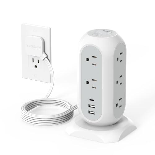 Tower Power Strip Flat Plug with 11 Outlets 3 USB (1 USB C), TESSAN Surge Protector Tower 1625W/13A,1050J Protection, 6 Feet Extension Cord with Multiple Outlets, Office Desk Supplies, Dorm Essentials