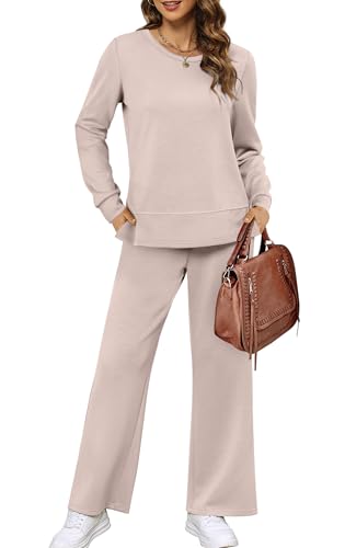 XIEERDUO Womens Loungewear Sets Casual Fall 2 Piece Travel Outfits Winter Fashion Long Sleeve Wide Leg Tracksuit Airport Side Slit Lounge Cruise Resort Wear Women's Vacation Track Suit Apricot L