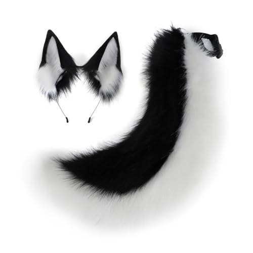 QinRuan Faux Fur Wolf Ears Headband Furry Dog Tail Set Animal Coustume Cospaly Halloween Party