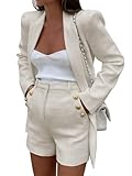 Cicy Bell Womens 2 Piece Tweed Blazer Shorts Sets Long Sleeve Double Breasted Suit Jackets Business Outfit Beige