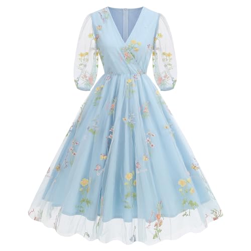 Half Sleeve Floral Embroidered Dress for Women Flower Embroidery Tulle Prom Dress Wrap V Neck Sheer Mesh Puff Sleeve Cocktail Party Dress Formal Wedding Guest Flare A Line Tea Party Dress Light Blue S