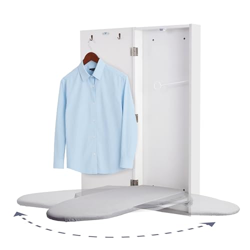 Ivation Wall-Mounted Swivel Ironing Board Cabinet, Foldable Ironing Storage Station for Home, Apartment, Easy-Release Lever, Garment Hooks, White