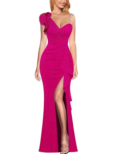 VFSHOW Womens Ruched Ruffle One Shoulder V Neck Wedding Formal Prom Maxi Dress 2023 Beaded Strap Sexy Elegant Split Cocktail Evening Sparkly Glitter Long Gown (Hot Pink, X-Large) 3119AV HPIK XL