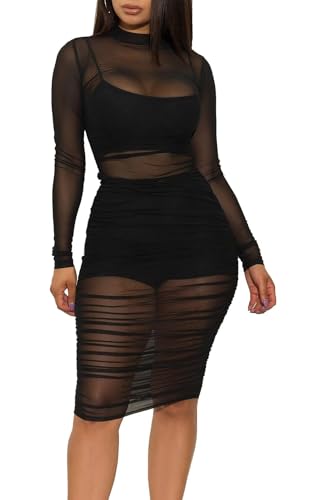 Women 3 Piece Outfits Sexy Crop Top Short Set Mesh See-Through Ruched Bodycon Midi Dress Clubwear Black M