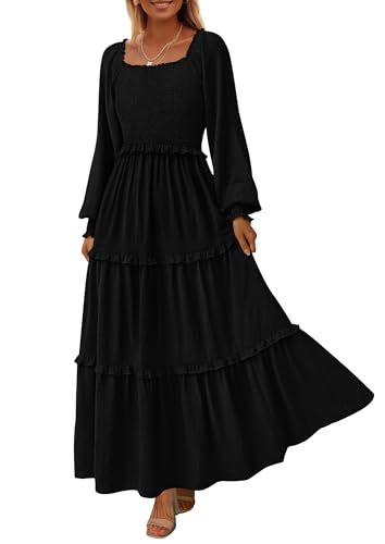 PRETTYGARDEN Fall Dresses for Women 2025 Long Sleeve Smocked Square Neck Swiss Dot Tiered Flowy Wedding Guest Maxi Dress (Black,Large)