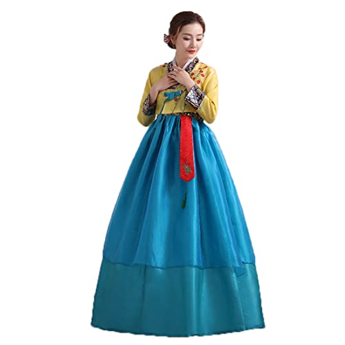 KUFEIUP Women's Korean Hanbok Dress Floral Embroidery Cosplay Costume (US, Alpha, Large, Regular, Regular, Blue)