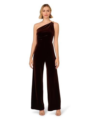 Adrianna Papell Women's Velvet One Shoulder Jumpsuit, Dark Brown, 4