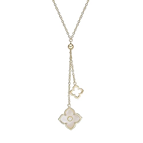 Lavari Jewelers Mother of Pearl and Cubic Zirconia Double Flower Pendant Necklace for Women - Yellow Gold Plated 925 Sterling Silver Necklace for Her - 16 to 18 Inch Adjustable Chain - Spring Ring