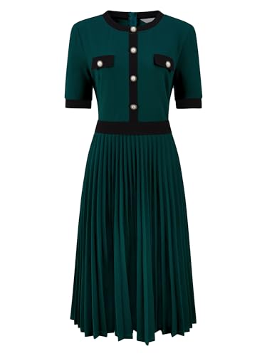 Hobemty Women's Short Sleeve Pleated Dress 2025 Trendy Contrast Color Casual Work A-Line Midi Dresses XX-Large Lake Green