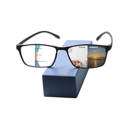UXAOSVME Photochromic Multifocus Reading Glasses For Men Women，Premium Progressive Transition Sunglasses Anti UV/Blue Light(Blcak, 2.0, x)