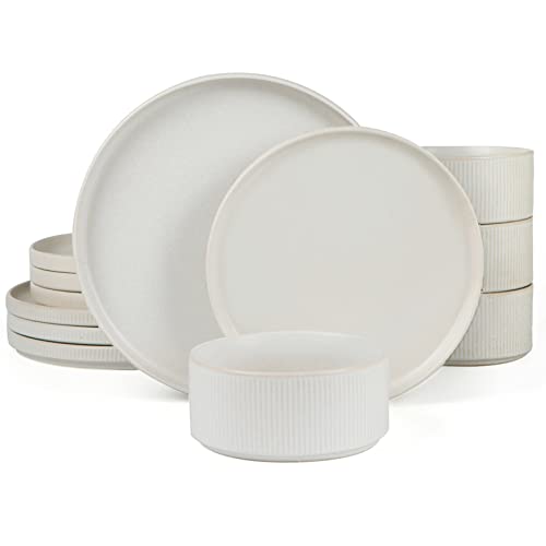 Famiware Star Dinnerware Sets, Plates and Bowls Set for 4, 12 Pieces Dish Set - Chip and Scratch Resistant, Microwave and Dishwasher Safe Kitchen Set, Matte White