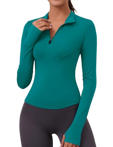 Ropa Deportiva para Mujer Long Sleeve Fall Workout Tops Womens Crop Quarter Half Zip Pullover Athletic Yoga Shirts Running Wear(Blue Green,Medium)
