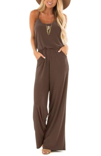 Lacozy Women Casual Sleeveless Spaghetti Strap Jumpsuits Loose Sexy V Neck Wide Leg Pants Rompers Dark Brown Small
