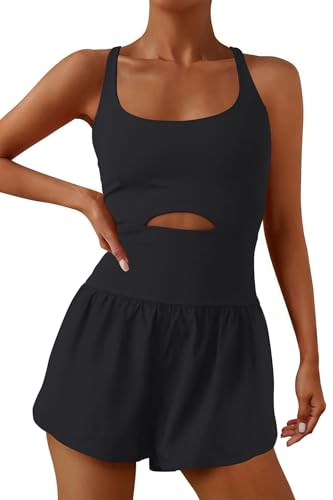 ReachMe Womens Running Onesie Workout Rompers Athletic Romper One Piece Outfits Exercise Jumpsuits Gym Yoga Clothes(Black,S)